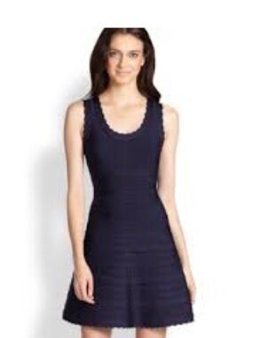 Herve leger Sleeveless Navy Scallop Neck A-Line Dress
